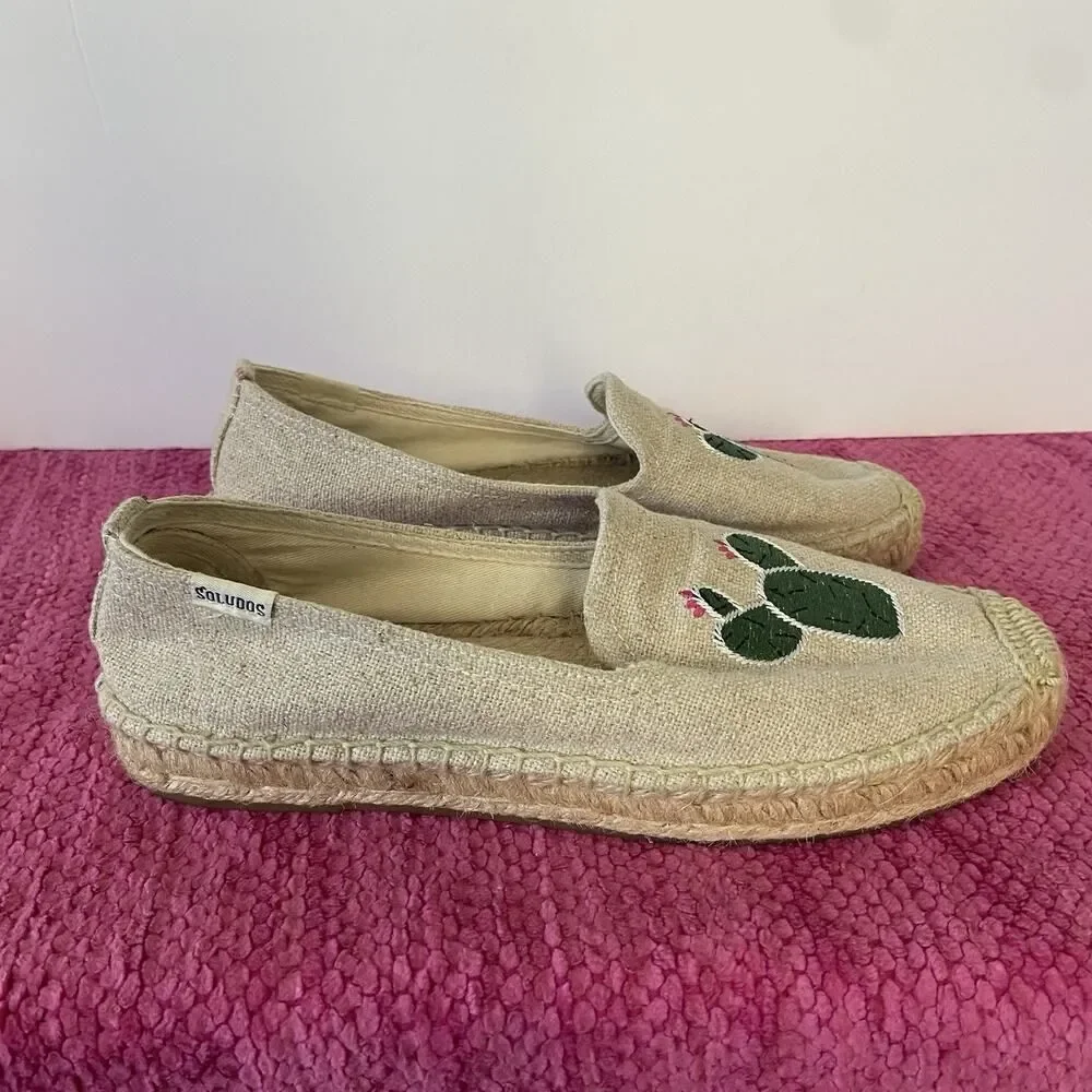 Soludos Espadrille Flats Embroidered Cactus Natural Beige Size 6.5